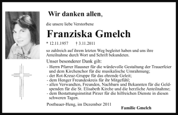 Traueranzeige von Franziska Gmelch von Nürnberger Nachrichten