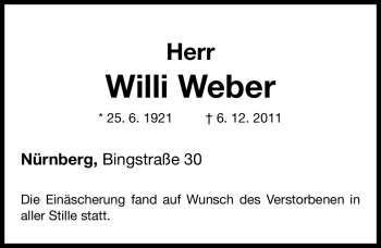 Traueranzeige von Willi Weber von Nürnberger Nachrichten