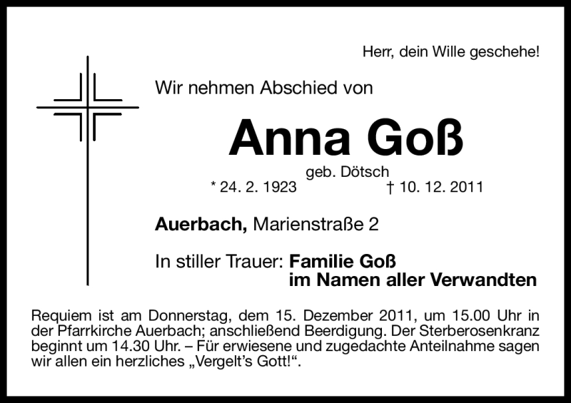  Traueranzeige für Anna Goß vom 13.12.2011 aus Nürnberger Nachrichten