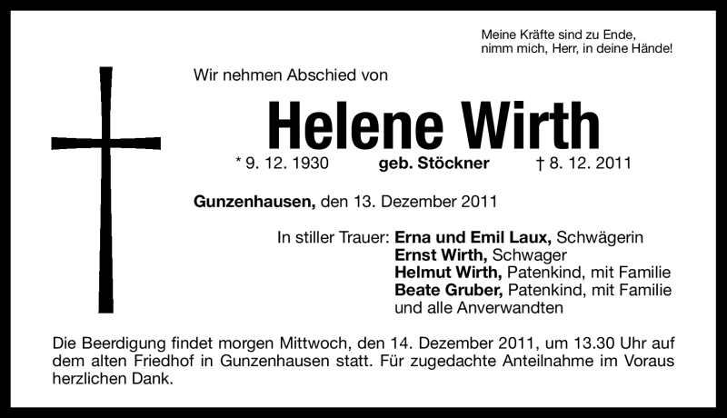  Traueranzeige für Helene Wirth vom 13.12.2011 aus Nürnberger Nachrichten