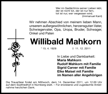 Traueranzeige von Willibald Mahkorn von Nürnberger Nachrichten