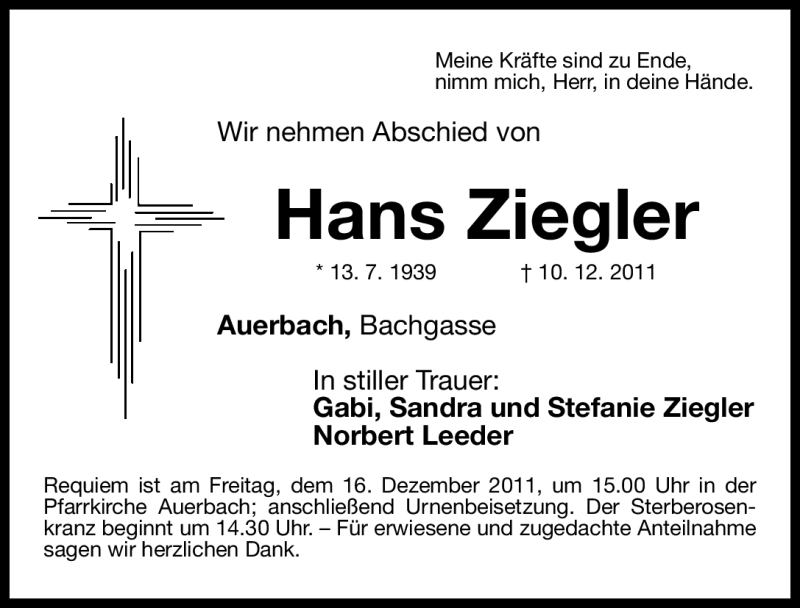  Traueranzeige für Hans Ziegler vom 13.12.2011 aus Nürnberger Nachrichten