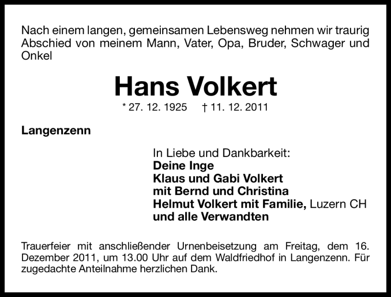  Traueranzeige für Hans Volkert vom 14.12.2011 aus Nürnberger Nachrichten