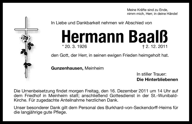  Traueranzeige für Hermann Baalß vom 15.12.2011 aus Nürnberger Nachrichten