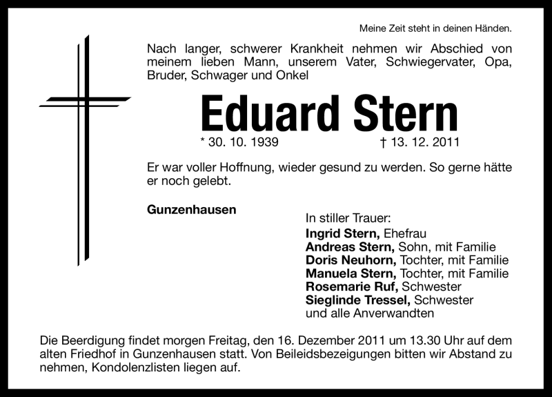  Traueranzeige für Eduard Stern vom 15.12.2011 aus Nürnberger Nachrichten