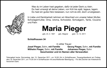 Traueranzeige von Maria Pieger von Nürnberger Nachrichten