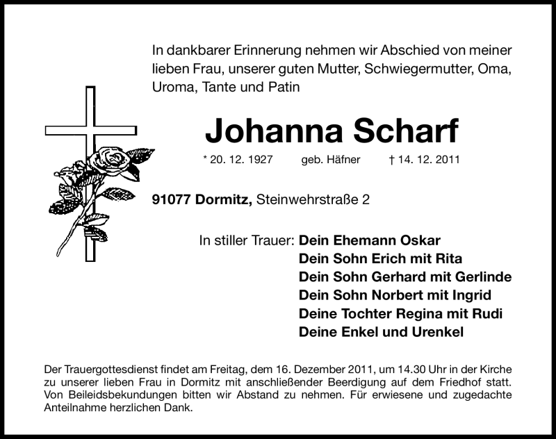  Traueranzeige für Johanna Scharf vom 15.12.2011 aus Nürnberger Nachrichten