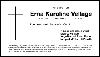 Traueranzeige von Erna Karoline Vellage von Nürnberger Nachrichten