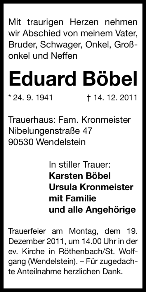  Traueranzeige für Eduard Böbel vom 17.12.2011 aus Gesamtausgabe Nürnberger Nachrichten / Nürnberger Zeitung