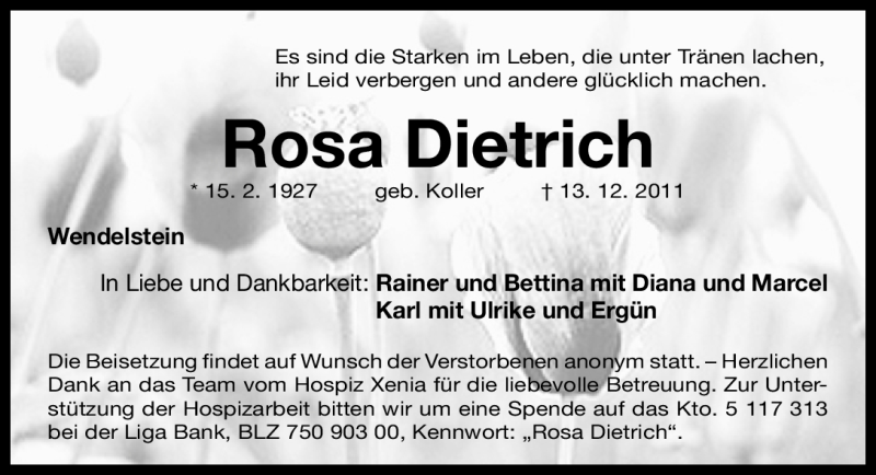 Traueranzeige für Rosa Dietrich vom 17.12.2011 aus Gesamtausgabe Nürnberger Nachrichten / Nürnberger Zeitung