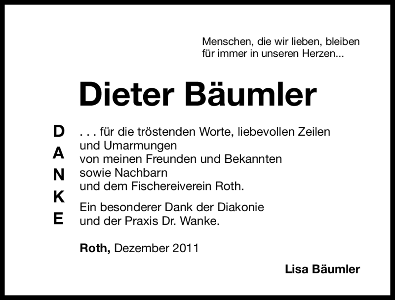  Traueranzeige für Dieter Bäumler vom 17.12.2011 aus Roth-Hilpoltsteiner Volkszeitung Lokal
