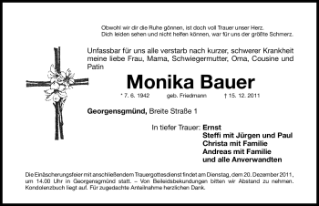 Traueranzeige von Monika Bauer von Roth-Hilpoltsteiner Volkszeitung Lokal