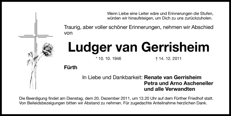  Traueranzeige für Ludger van Gerrisheim vom 17.12.2011 aus Fürther Nachrichten Lokal