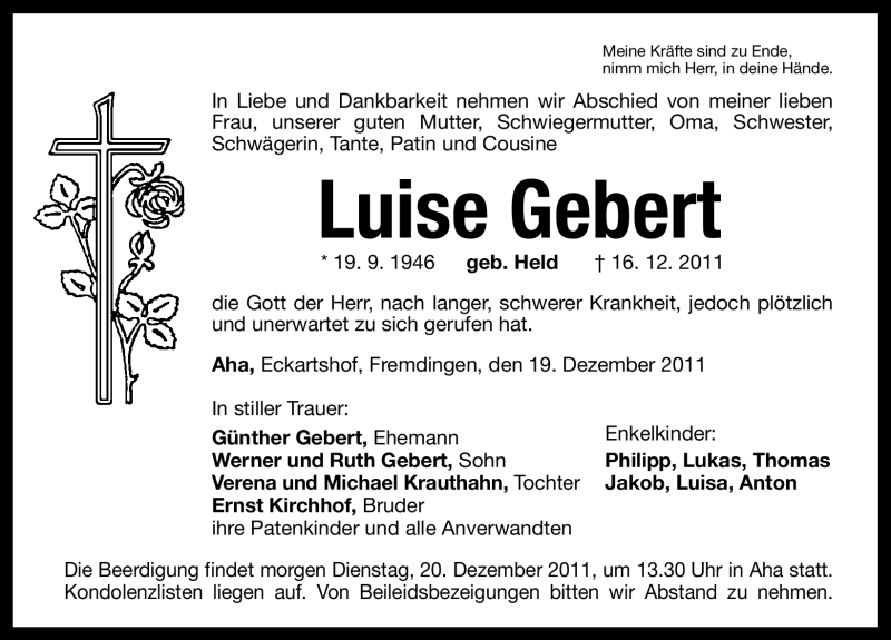  Traueranzeige für Luise Gebert vom 19.12.2011 aus Altmühl-Bote Lokal