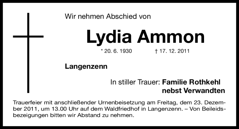  Traueranzeige für Lydia Ammon vom 21.12.2011 aus Fürther Nachrichten Lokal