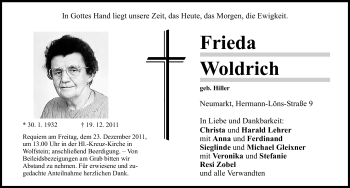 Traueranzeige von Frieda Woldrich von Neumarkter Nachrichten Lokal