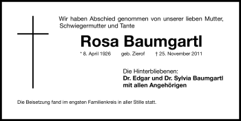 Traueranzeige von Rosa Baumgartl von Gesamtausgabe Nürnberger Nachrichten / Nürnberger Zeitung