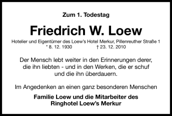 Traueranzeige von Friedrich Loew  von Gesamtausgabe Nürnberger Nachrichten / Nürnberger Zeitung