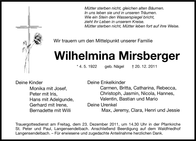  Traueranzeige für Wilhelmina Mirsberger vom 22.12.2011 aus Erlanger Nachrichten Lokal