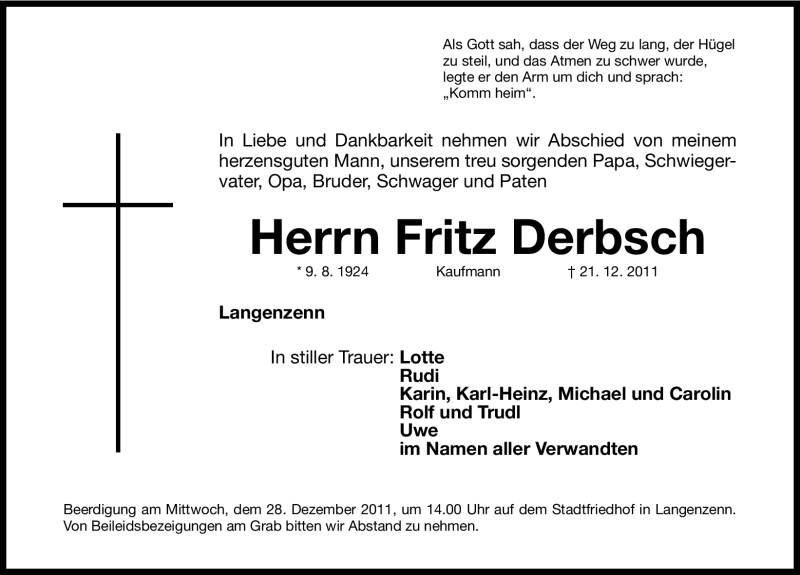  Traueranzeige für Fritz Derbsch vom 23.12.2011 aus Fürther Nachrichten Lokal