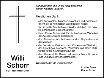 Traueranzeige von Willi Schorr von Altmühl-Bote Lokal