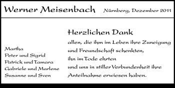 Traueranzeige von Werner Meisenbach von Gesamtausgabe Nürnberger Nachrichten / Nürnberger Zeitung