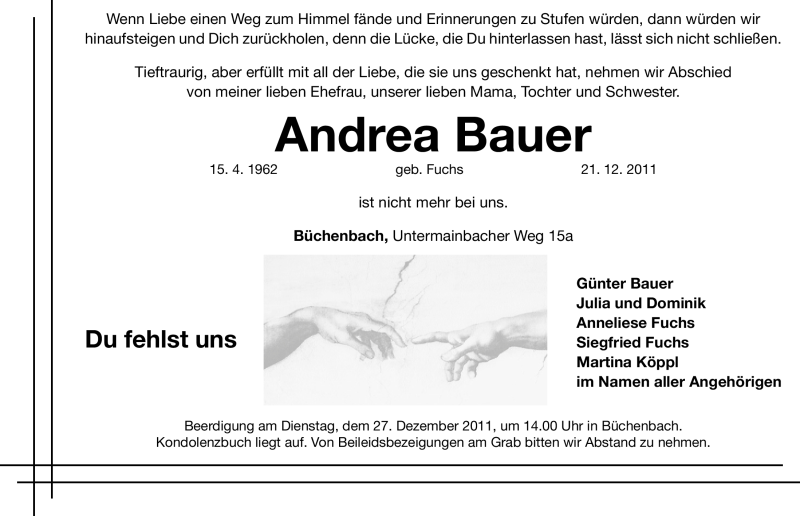  Traueranzeige für Andrea Bauer vom 24.12.2011 aus Roth-Hilpoltsteiner Volkszeitung Lokal