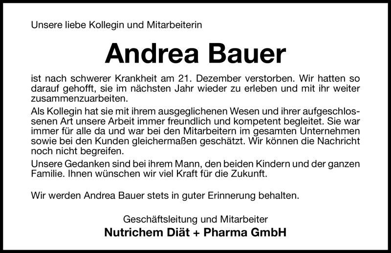  Traueranzeige für Andrea Bauer vom 27.12.2011 aus Roth-Hilpoltsteiner Volkszeitung Lokal