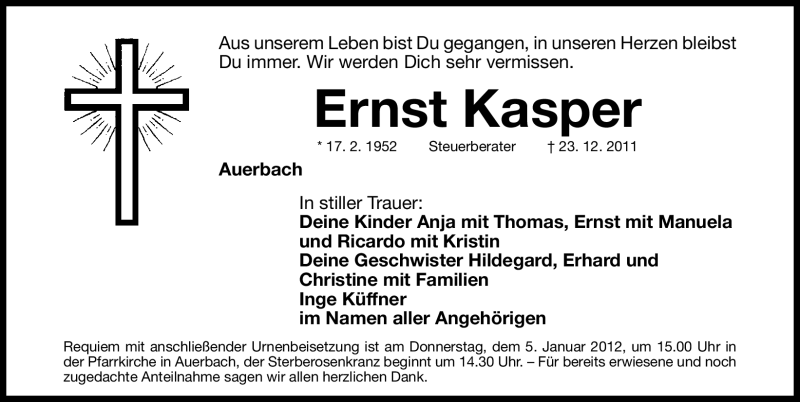  Traueranzeige für Ernst Kasper vom 29.12.2011 aus Nordbayerische Nachrichten Pegnitz Lokal