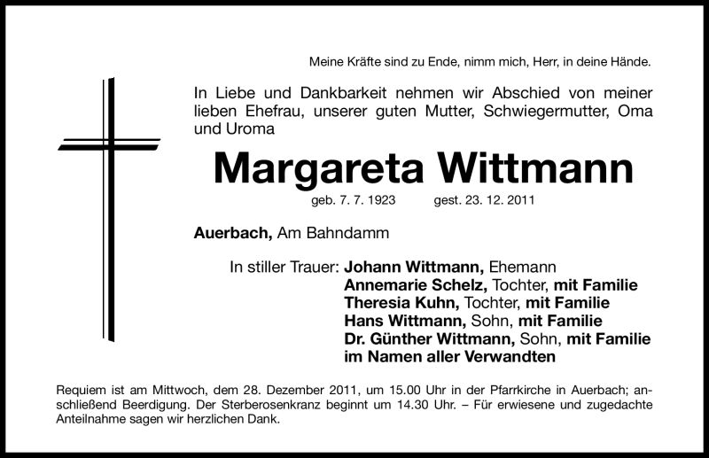  Traueranzeige für Margareta Wittmann vom 27.12.2011 aus Nordbayerische Nachrichten Pegnitz Lokal
