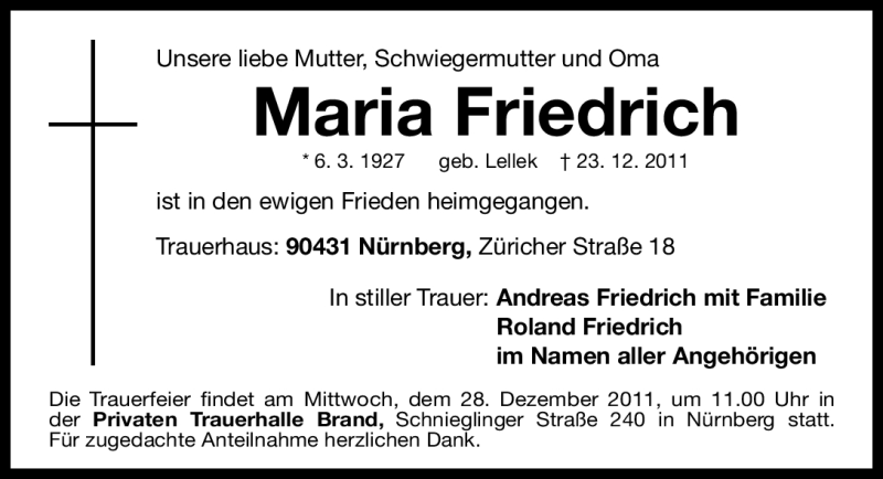 Traueranzeigen Von Maria Friedrich | Trauer.nn.de