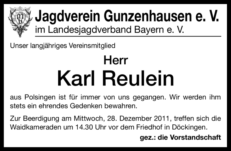  Traueranzeige für Karl Reuelein vom 27.12.2011 aus Altmühl-Bote Lokal