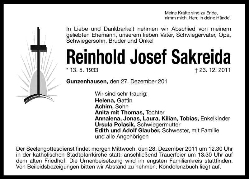  Traueranzeige für Reinhold Josef Sakreida vom 27.12.2011 aus Altmühl-Bote Lokal