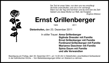 Traueranzeige von Ernst Grillenberger von Fürther Nachrichten Lokal