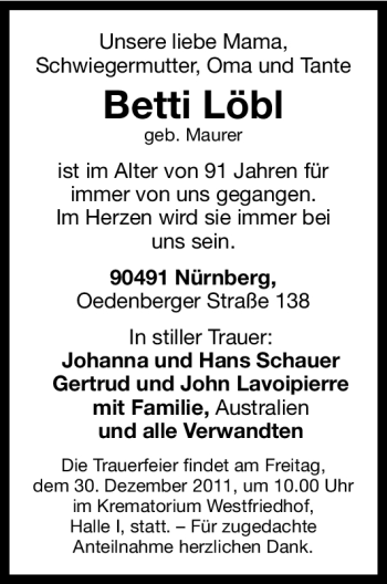 Traueranzeige von Betti Löbl von Gesamtausgabe Nürnberger Nachrichten / Nürnberger Zeitung
