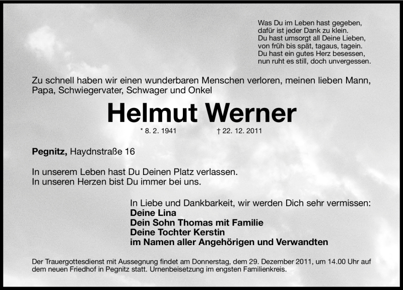  Traueranzeige für Helmut Werner vom 28.12.2011 aus Nordbayerische Nachrichten Pegnitz Lokal