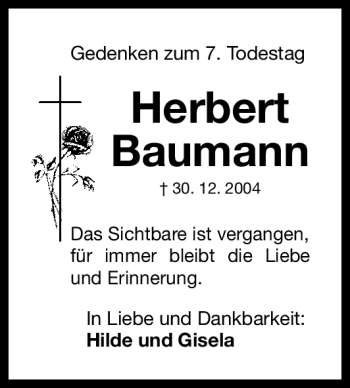 Traueranzeige von Herbert Baumann von Gesamtausgabe Nürnberger Nachrichten / Nürnberger Zeitung