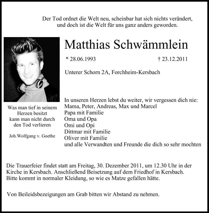  Traueranzeige für Matthias Schwämmlein vom 28.12.2011 aus Nordbayerische Nachrichten Forchheim Lokal