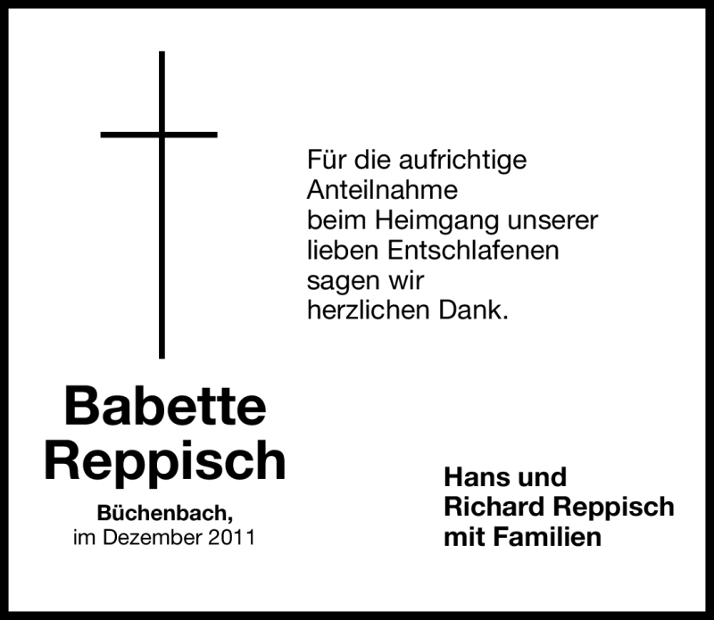  Traueranzeige für Babette Reppisch vom 30.12.2011 aus Roth-Hilpoltsteiner Volkszeitung Lokal