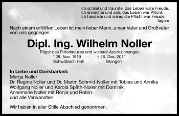 Traueranzeige von Wilhelm Noller von Gesamtausgabe Nürnberger Nachrichten / Nürnberger Zeitung