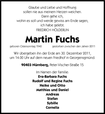 Traueranzeige von Martin Fuchs von Gesamtausgabe Nürnberger Nachrichten / Nürnberger Zeitung