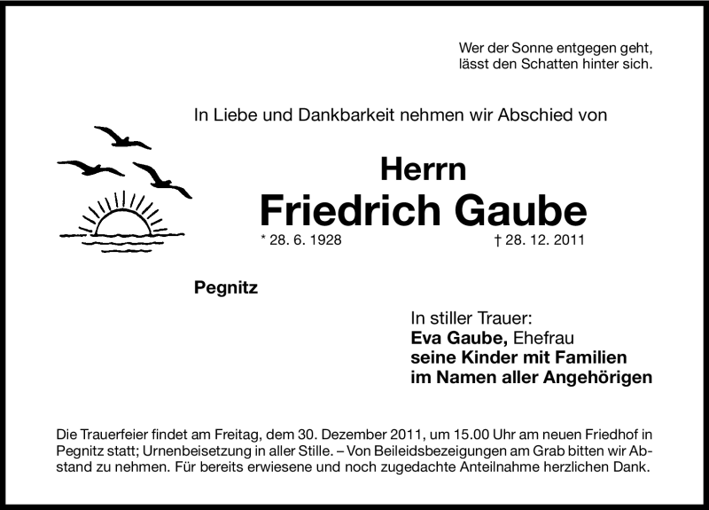  Traueranzeige für Friedrich Gaube vom 29.12.2011 aus Nordbayerische Nachrichten Pegnitz Lokal