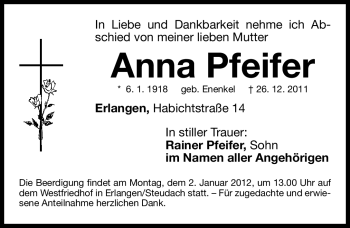 Traueranzeige von Anna Pfeifer von Gesamtausgabe Nürnberger Nachrichten / Nürnberger Zeitung