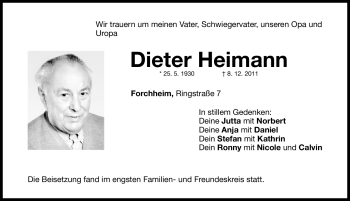Traueranzeige von Heimann Dieter von Nordbayerische Nachrichten Forchheim Lokal