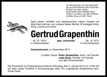 Traueranzeige von Gertrud Grapenthin von Altmühl-Bote Lokal