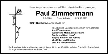 Traueranzeige von Paul Zimmermann von Gesamtausgabe Nürnberger Nachrichten / Nürnberger Zeitung
