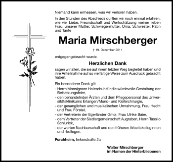Traueranzeige von Maria Mirschberger von Nordbayerische Nachrichten Forchheim Lokal