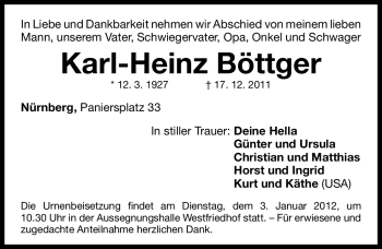 Traueranzeige von Karl-Heinz Böttger von Gesamtausgabe Nürnberger Nachrichten / Nürnberger Zeitung