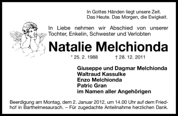 Traueranzeige von Natalie Melchionda von Gesamtausgabe Nürnberger Nachrichten / Nürnberger Zeitung