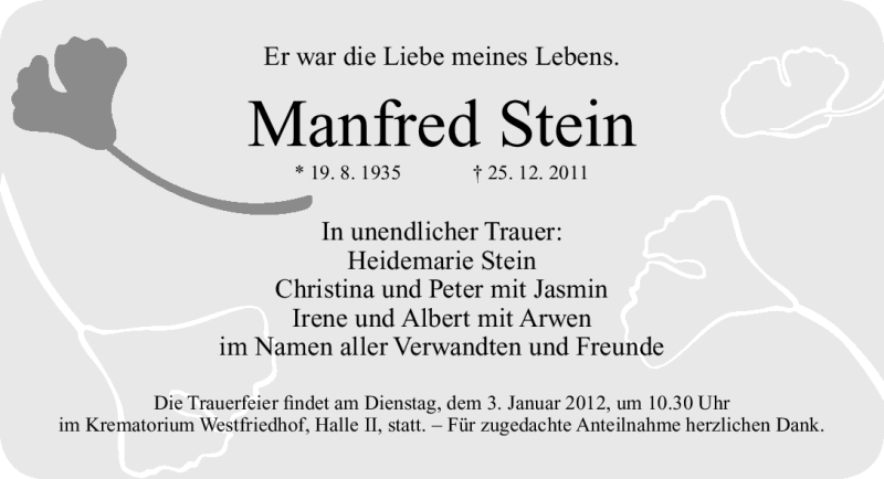  Traueranzeige für Manfred Stein vom 31.12.2011 aus Gesamtausgabe Nürnberger Nachrichten / Nürnberger Zeitung